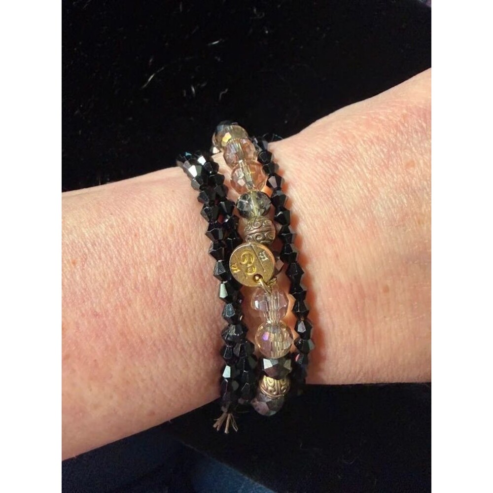 Black Crystal Beaded Stretch Bracelet Set of 4, Gold